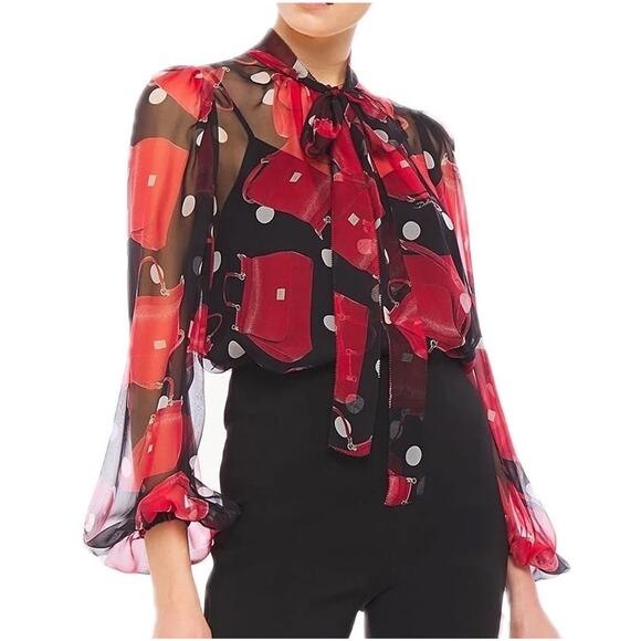Dolce & Gabbana Tops - NWT Dolce & Gabbana Black Red Blouse bow neck silk blouse IT 44 US L
